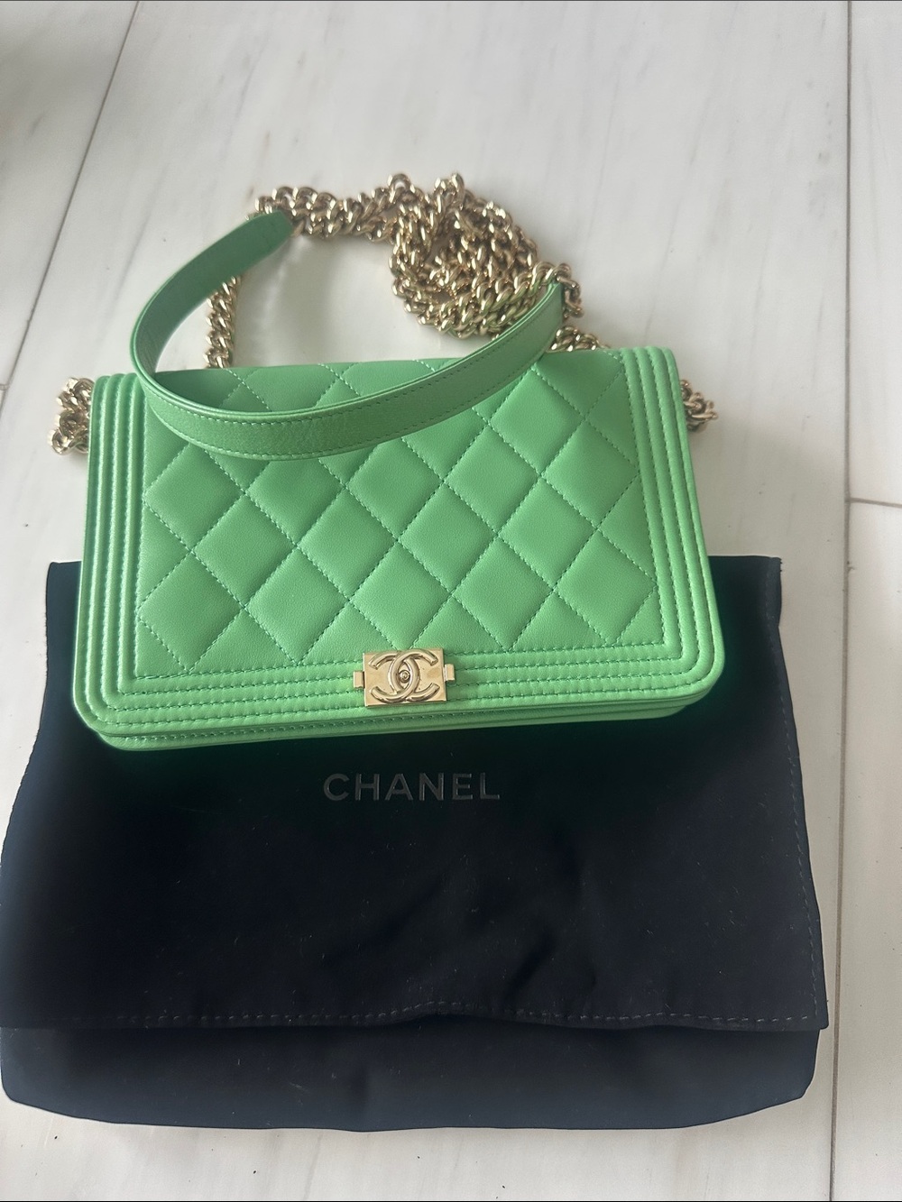 CHANEL WOC Lime Green Quilted Boy Bag with Gold Chain